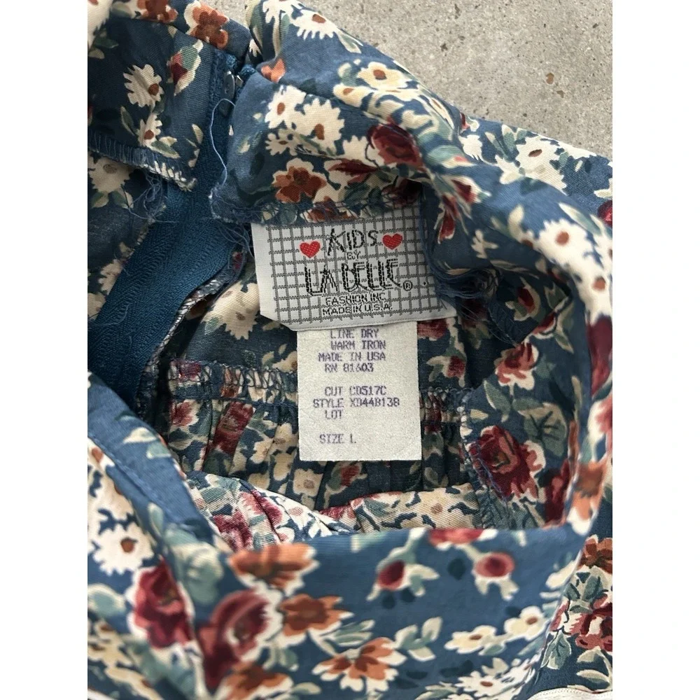 VINTAGE COTTAGECORE FLORAL BIB COLLAR DRESS & HAT SZ L Kids By La Belle‎